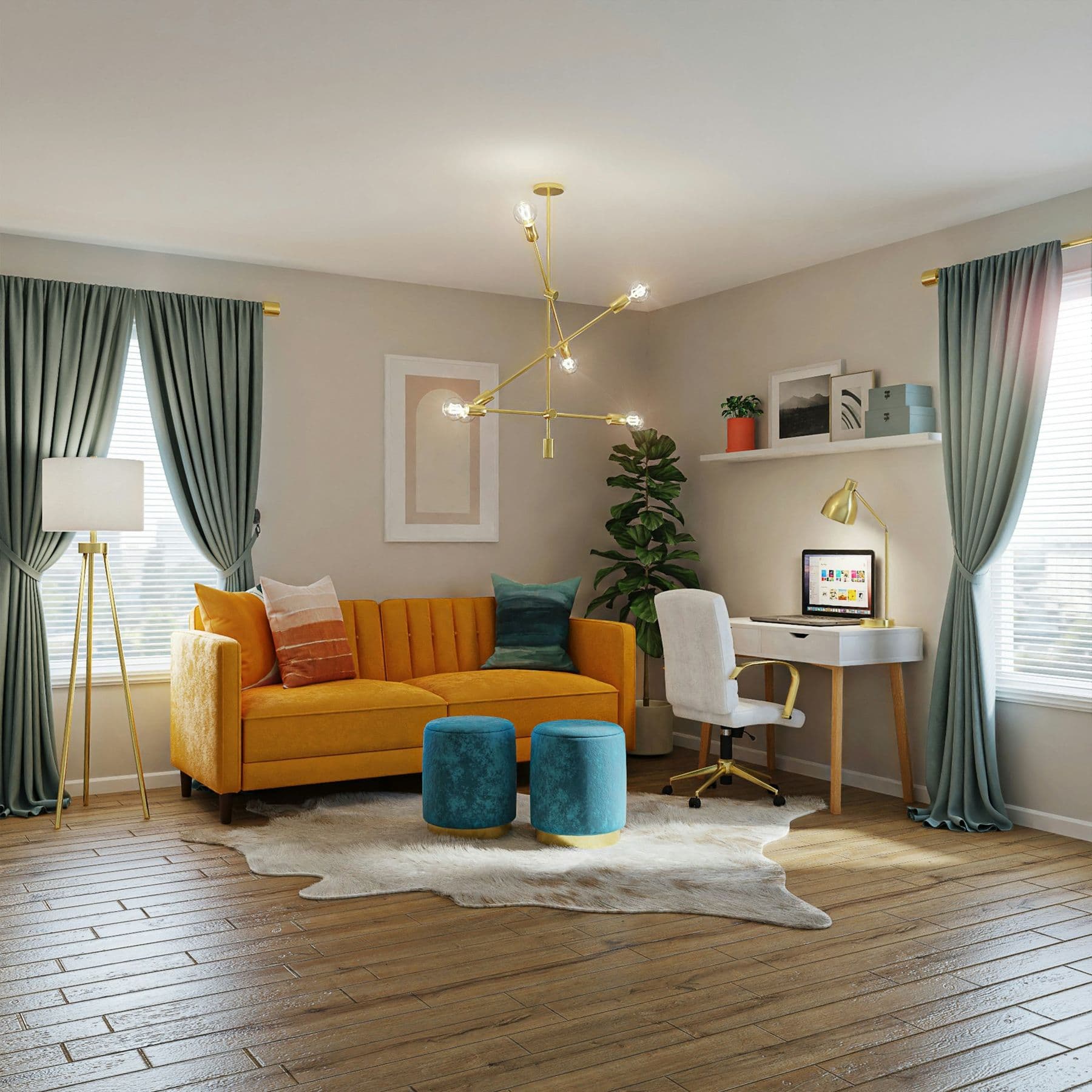 Living room with sage velvet curtains on brass rods